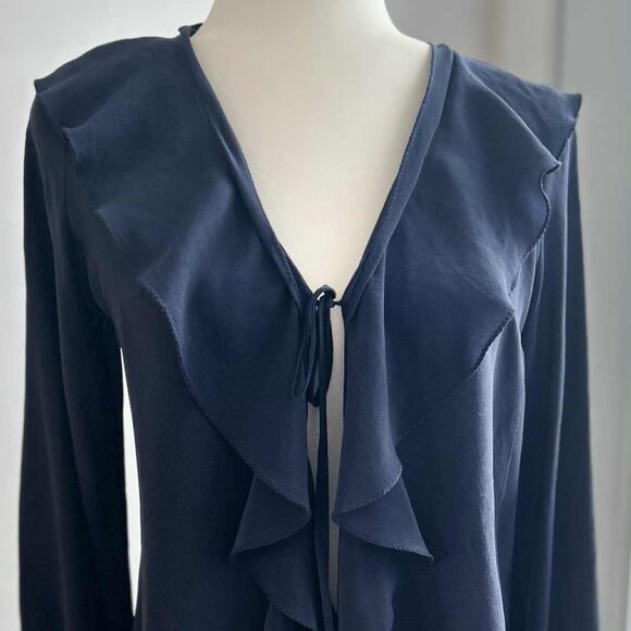 NWT Shan Ink-Blue Silk Semi-Sheer Ruffle-Blouse w/ Cascading Front & Tie – US 6 - Picture 10 of 14